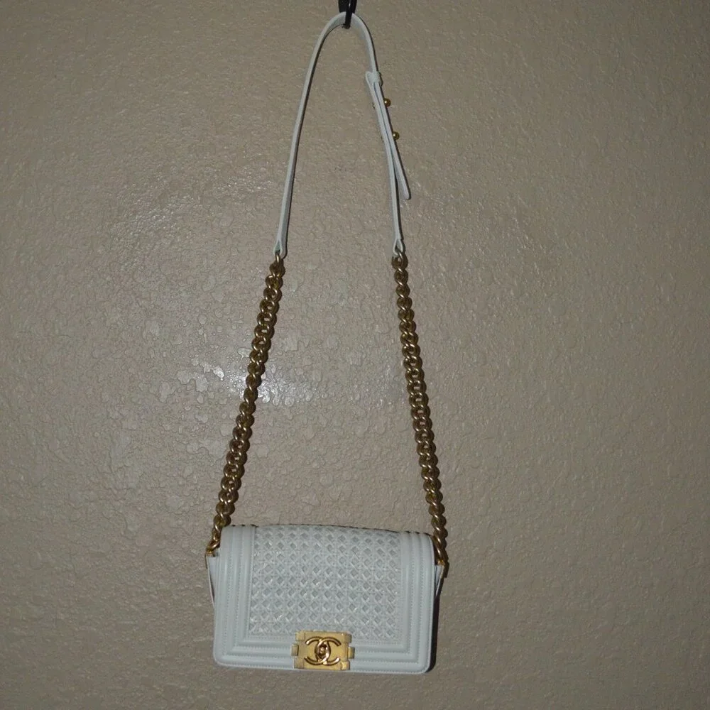 Chanel White Braided Leather Boy Bag Chain Strap Crossbody Shoulder Handbag